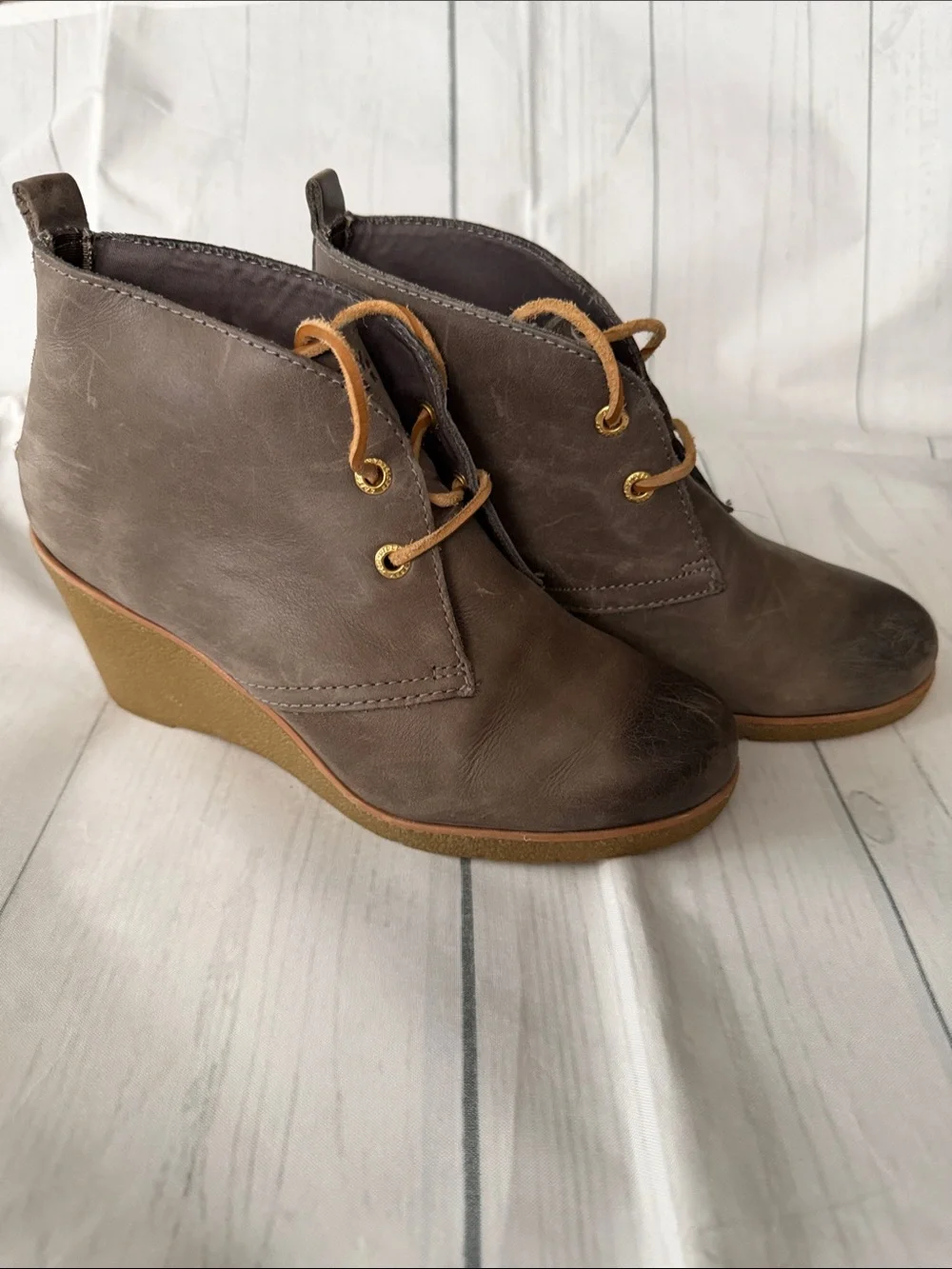 Sperry Brown Taupe Wedge Ankle Boots with Lace-Up Detail